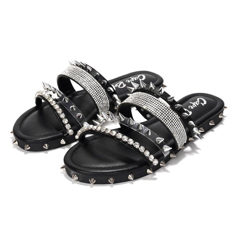 Cape Robbin Women's Slide Sandals Spiked Flat Slides, Summer 2025 Comfortable Slip-On Beach Shoes with PU Leather Sole (Xtreme) - Black Size 7 - Image 4